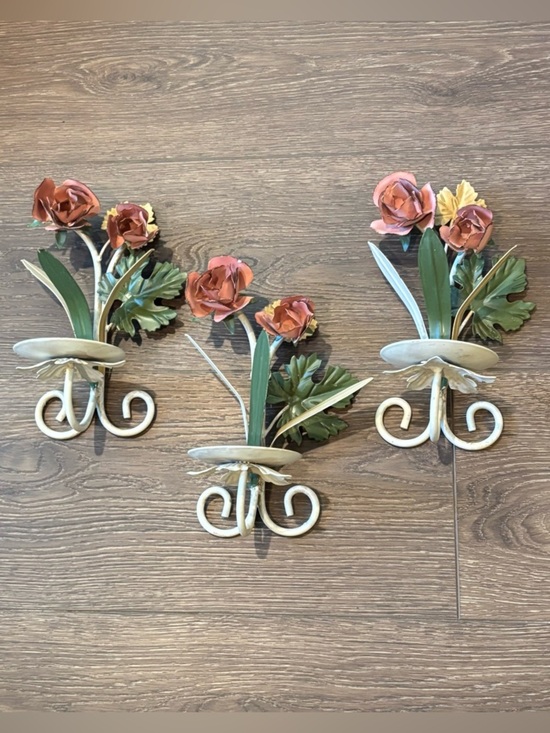 Vintage Tole Floral Wall Candle Sconce Metal Shabby Chic  Tole Floral Wall Candle Sconces Set of 3 Vintage Metal Shabby Chic Cottage Boho